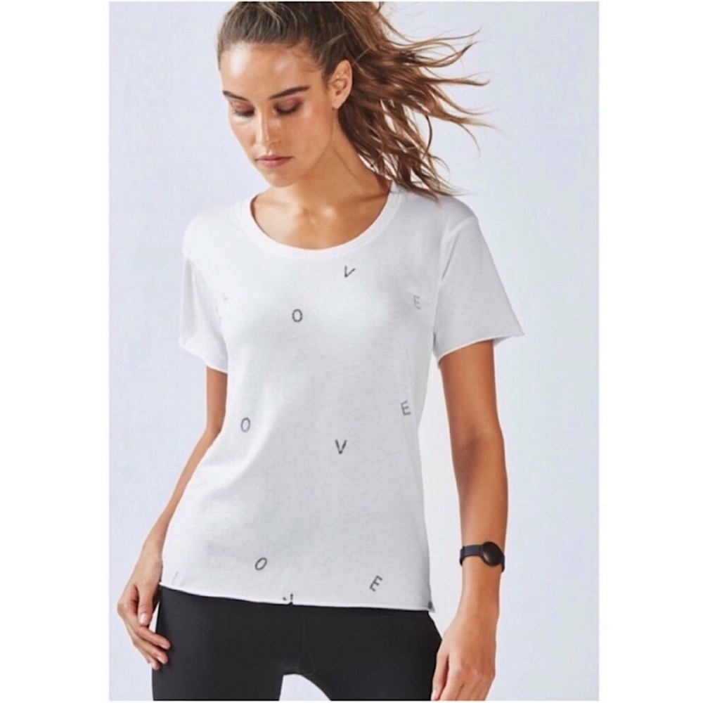 Fabletics Laura S/S Love Graphic Tee in White with Black Print, Size Large